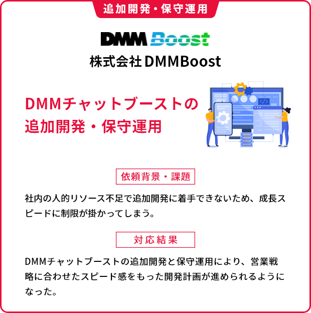 追加開発・保守運⽤ 株式会社DMMBoost DMMチャットブーストの追加開発・保守運⽤ 依頼背景・課題 社内の⼈的リソース不⾜で追加開発に着⼿できないため、成⻑スピードに制限が掛かってしまう。 対応結果 DMMチャットブーストの追加開発と保守運⽤により、営業戦略に合わせたスピード感をもった開発計画が進められるようになった。